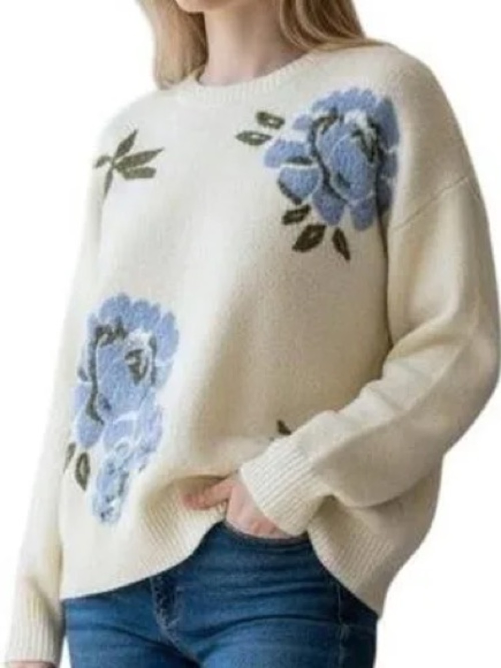 Ted Baker Cream Floral Crewneck Alpaca Blend Sweater M